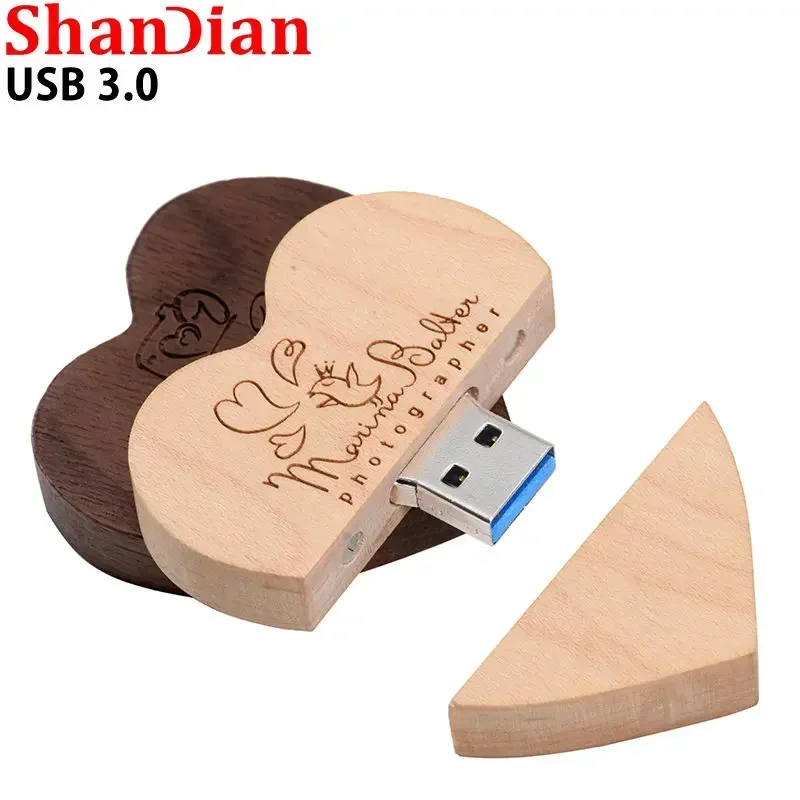 Wedding Love Free Custom Logo Wooden Gift Box USB 3.0 Flash Drive High Speed Pen Drive Maple Real Capacity Memory Stick 64GB