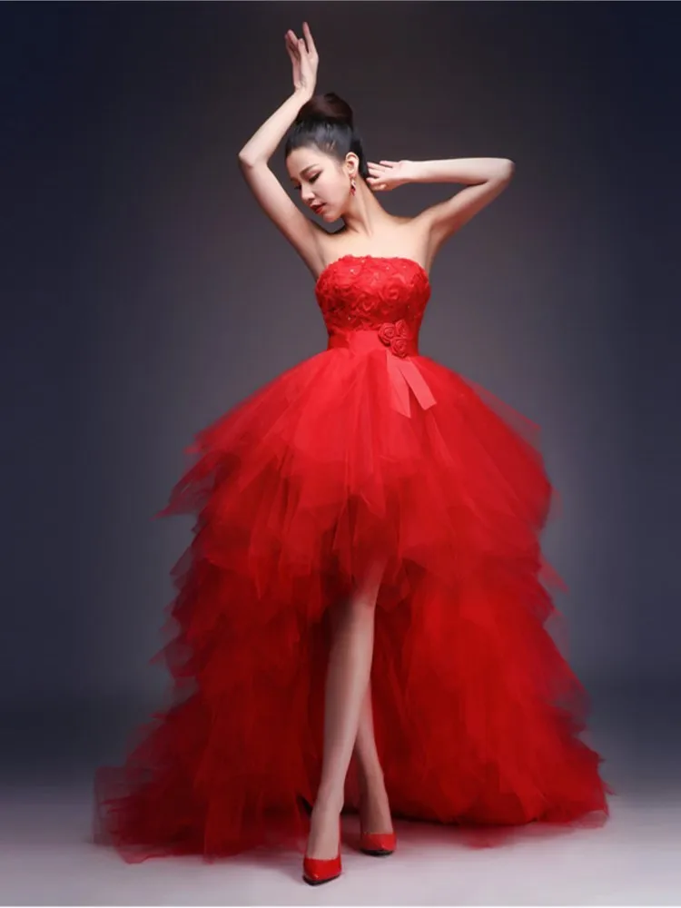 A new red one-shoulder dress with short front and long back featuring light luxury niche style