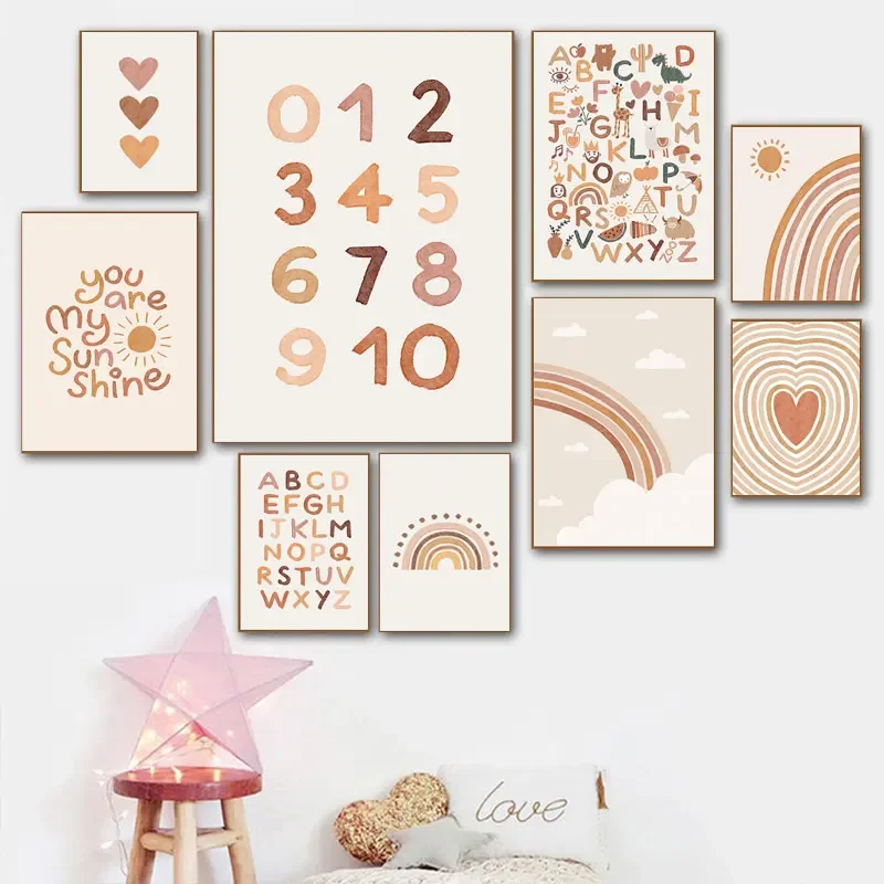 Nursery Wall Posters Sun Rainbow Canvas Painting Alphabet Number Poster and Print Nordic Wall Art Pictures for Kids Room Decor