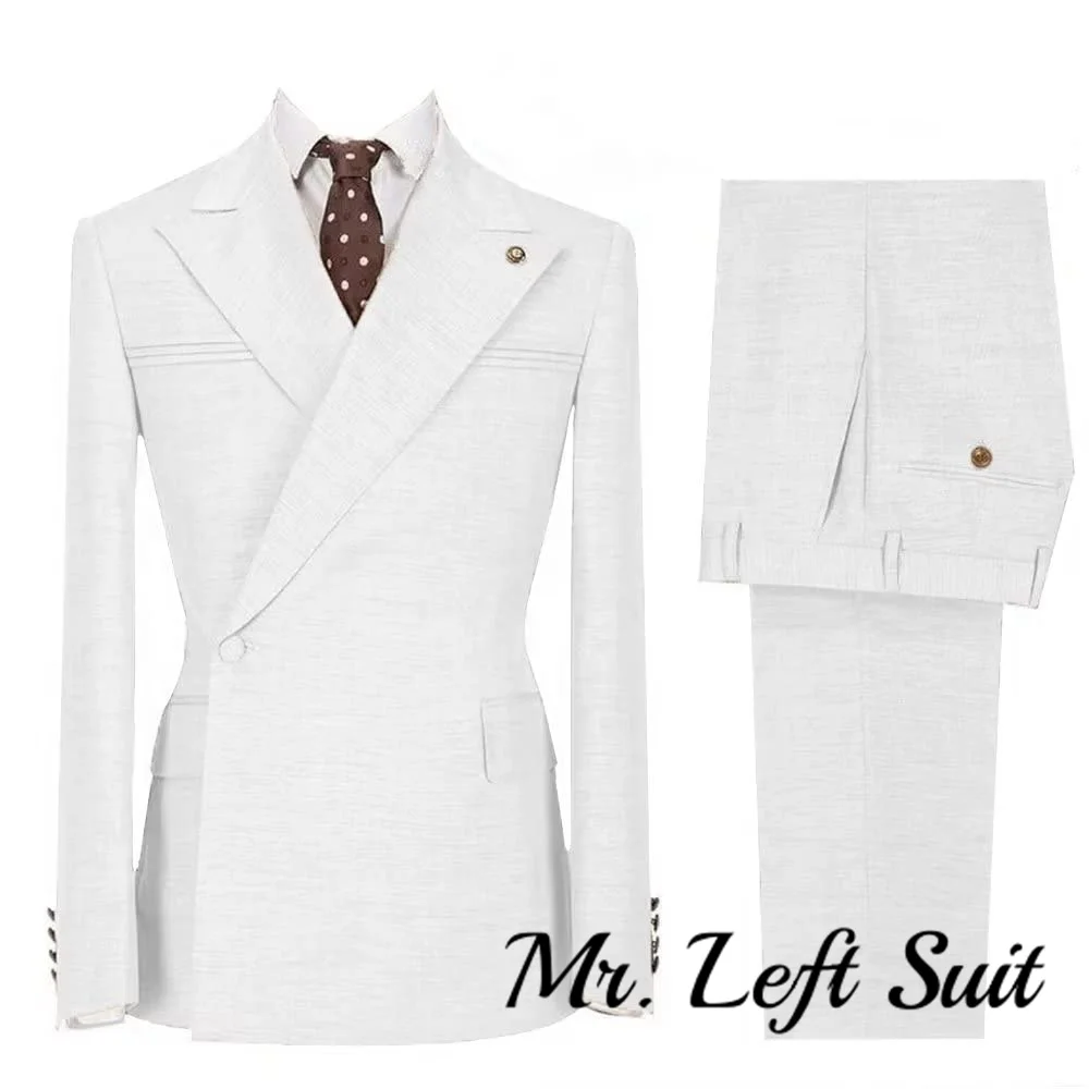 Men\'s 2 Piece Linen Suits Slim Fit Summer Double Breasted Blazer for Beach Wedding Vintage Tuxedos Set Office Wear