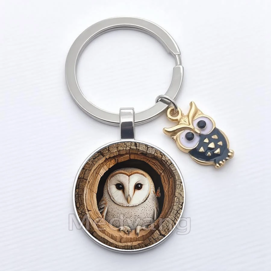 2026 Retro Owl Keychain Owl Family Pattern Glass Keychain Gift Wholesale view 3