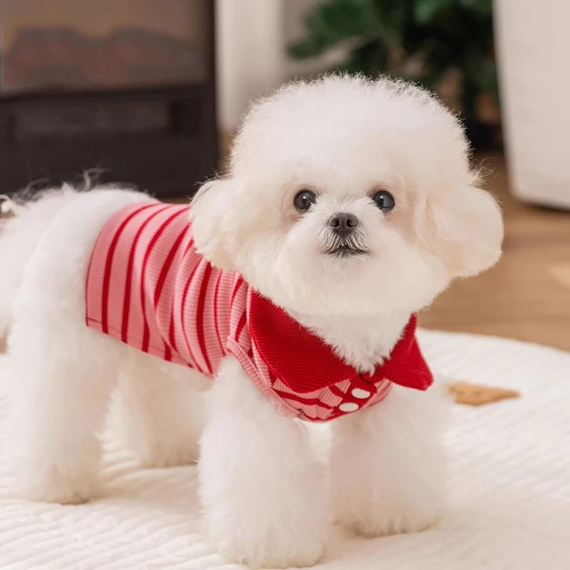 2025 Blue Striped Pet Vest Autumn Puppy Clothes Teddy Warm Polo Shirt Bichon Frise Sleeveless Bottoming Shirt