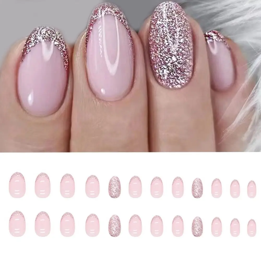 24pcs/box Long Oval French Pink Fake Nails Almond Shining Glitter Full Cover Nail Tips Press on Nails DIY Detachable Manicure