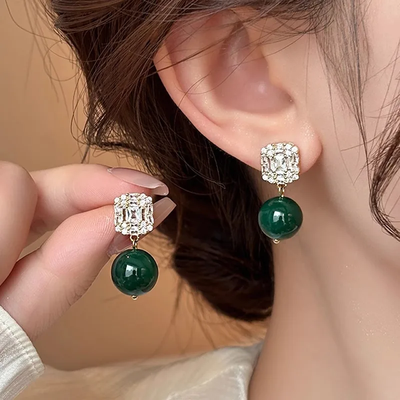 New Arrival Elegant Green Chalcedony Square CZ Zircon 925 Silver Needle Ladies Tassels Stud Earrings Jewelry For Women Gifts
