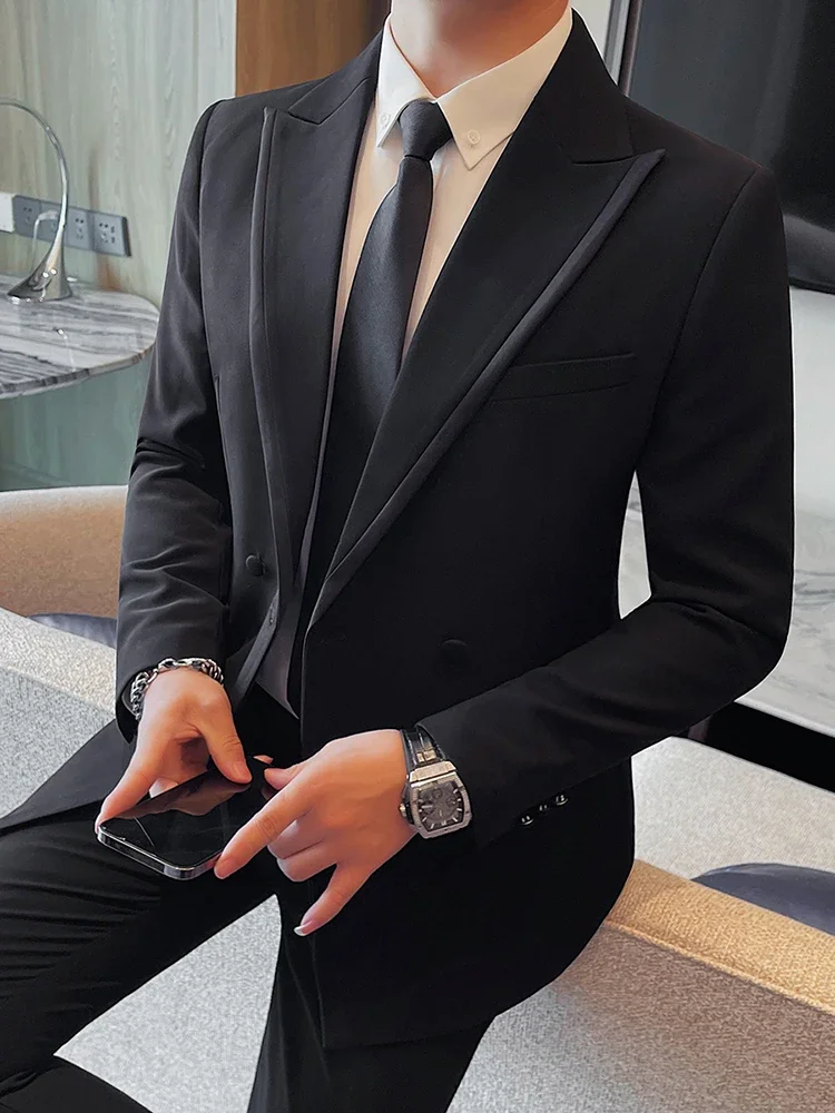 Fashion Double Breasted Design Slim Fit Suit Jacket 2024 New Men's Casual Wedding Party Blazers Best Man Prom Suit Coats Tuxedo