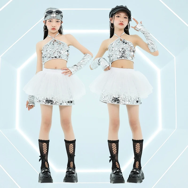 

Kpop Girls Jazz Dance Silver Sequin Suit Costumes Hanging Neck Vest Skirt Dance Clothes Street Dance Hip Hop Show Wear DQL10653