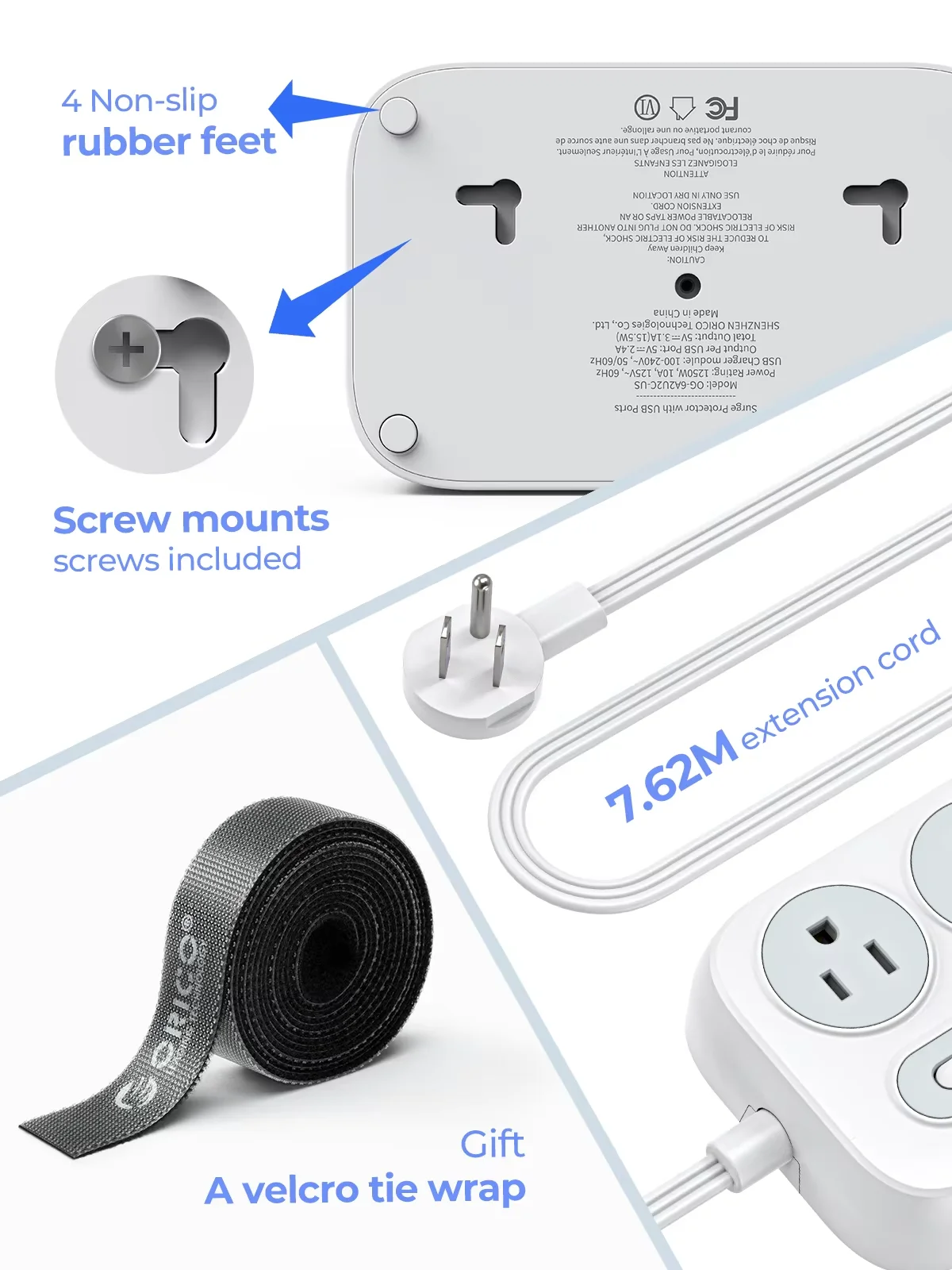 ORICO Power Strip 6 ช่องจ่ายไฟ AC 2 USB 2 ประเภท C 1250W Fast CHARGING Travel Adapter หลายขนาดสายไฟสําหรับบ้านกลางแจ้ง