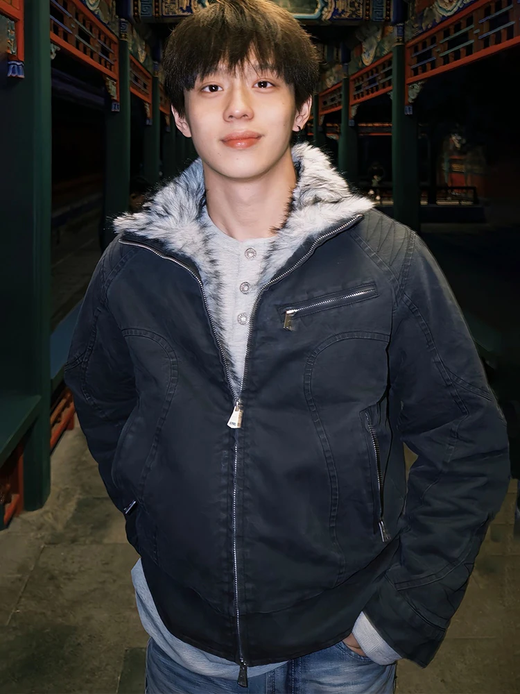 

Men's Winter Thiened Woolen Collar Jaet Mountain Eagle Design Faux Wolf Fur Cotton Workwear Canvas Jaet