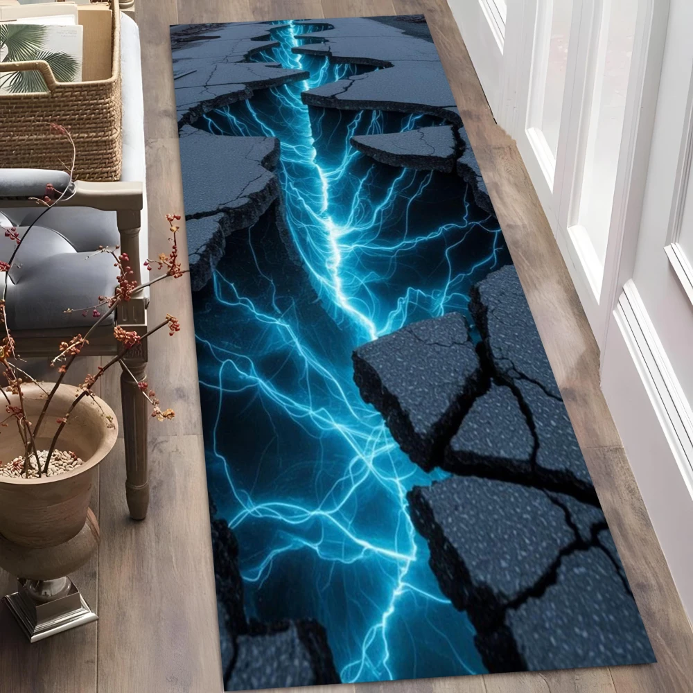 3D Cracked Ground Blue Lightning runner rug hallway entryway mudroom basement nonslip entry mat home decor gift