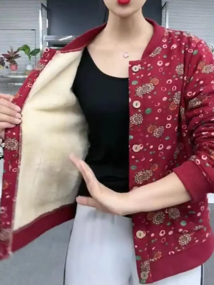 

Warm Fce Lined Thiened Baseball Sle Jaet Floral Print Coat for Middle-Aged Women Autumn Winter Faion Casual Wear