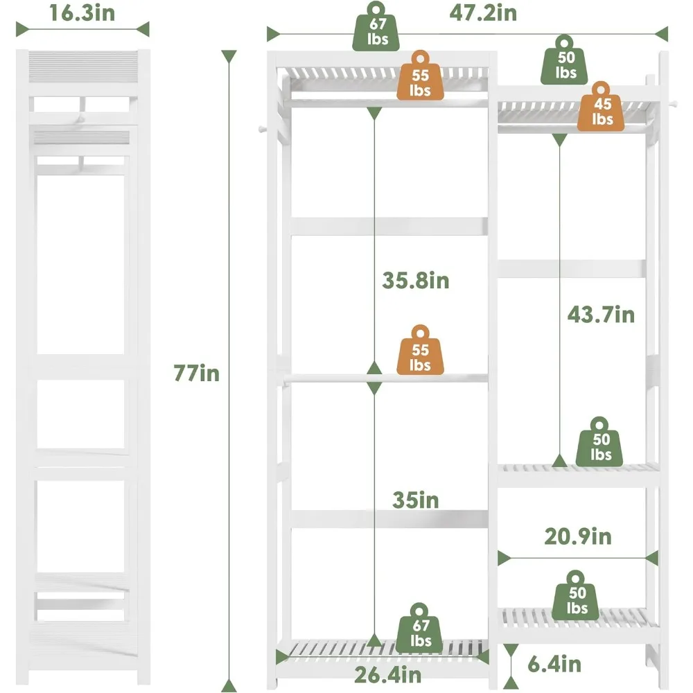 Bamboe 77”H kastorganizers, grote vrijstaande kastsysteem kledingrekken voor het ophangen van kleding met 5 opbergplanken 3 staven