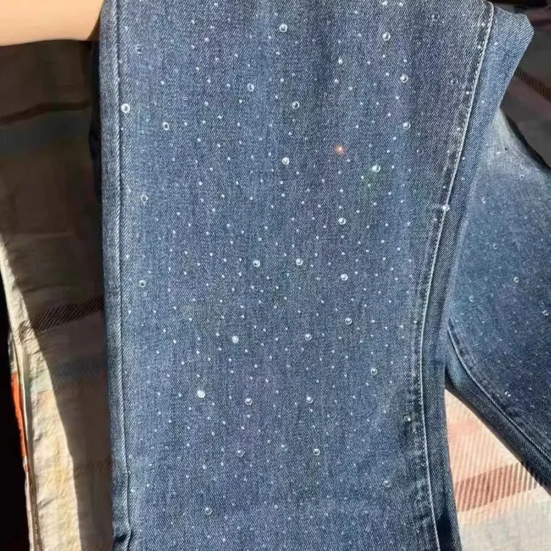 Jeans larghi con diamanti ricamati alla moda donna stile coreano a vita alta pantaloni Streetwear a gamba larga pantaloni Casual in Denim da donna