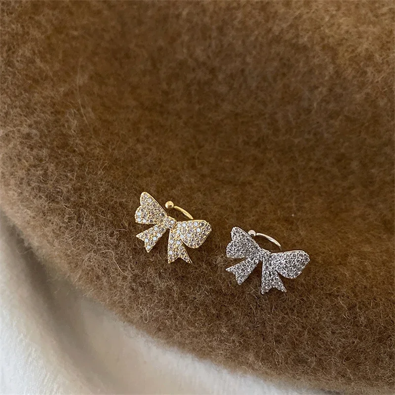 Trend Zircon Crystal Bow Ear Bone Clip Non-Pierced Earring Gold Silver Color Ear Cuff for Women Girls Aesthetic Jewelry