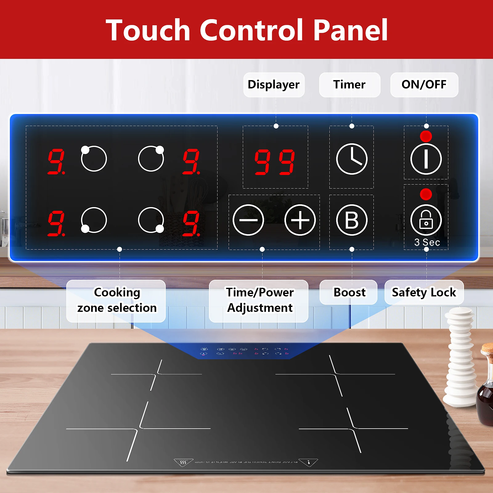 KICHPOWER 60 سم 4 لوحات تعمل باللمس 1-99 دقيقة الموقت التعريفي الفرن #5