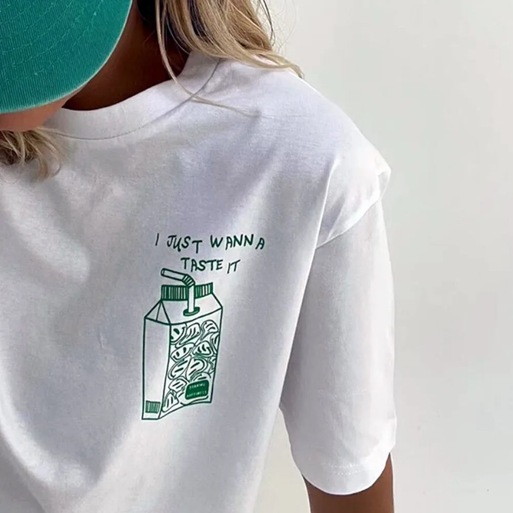 I Just Wanna Taste It Cute Pocket Printing White T Shirts Unisex Men Women Loose Cotton Tops Summer Short Sleeve Casual Tees