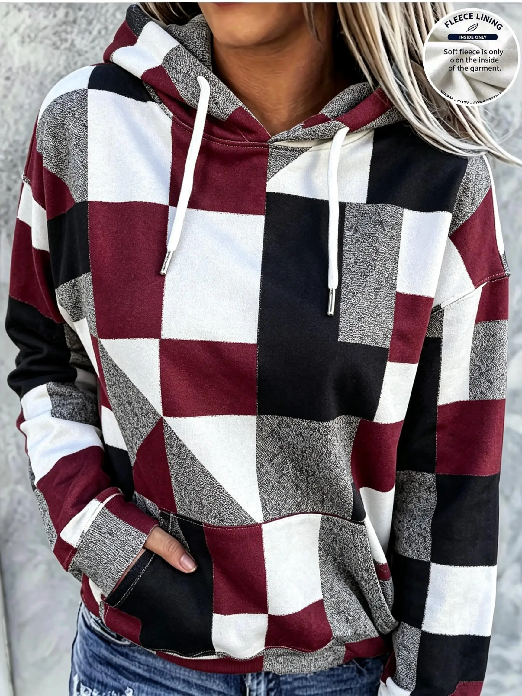 Women Fleece Hoodie Color Block Plaid Patchwork Long Sleeve Loose Sweatshirt