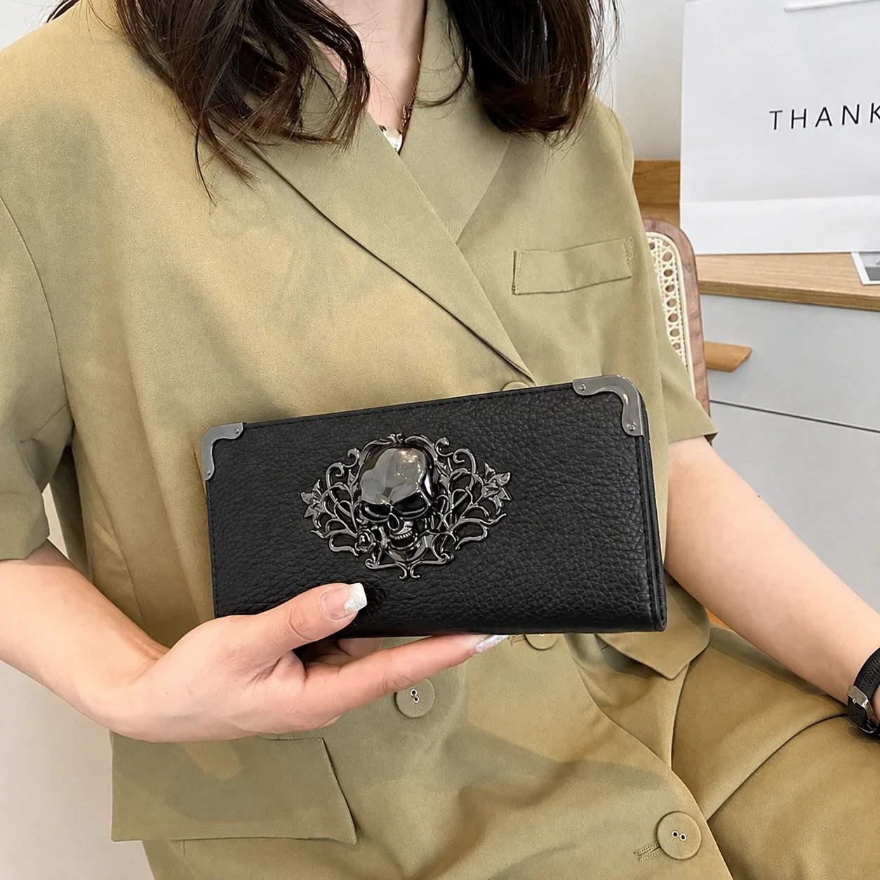 Unisex Long Men Women's Purse Punk Skull PU Leather Wallet Zipper Clutch Portable Casual Lady Cash Purse Wallet