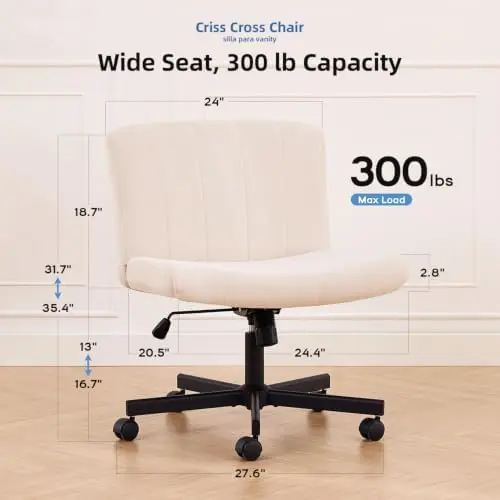 Criss Cross Office Chair with Wheels, Fabric Makeup Vanity Chair | Extra-deep 20.5