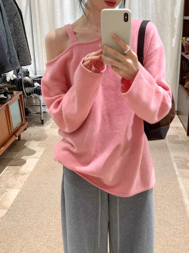 

Корейский женский вязаный свитер с открытыми плечами, из 100% шерсти, приталенный крой, зимний модный элегантный топ с длинным рукавом и круглым вырезом