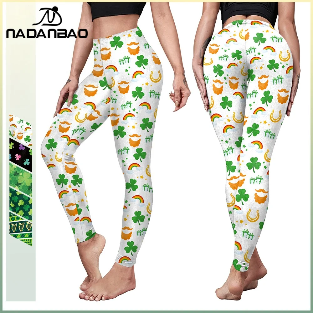Nadanbao Women's 3D Belt Shamrocks Print Legging Spring Sexy Green Elastic Pants St. Patrick's Day Party Tights Fitness Trousers