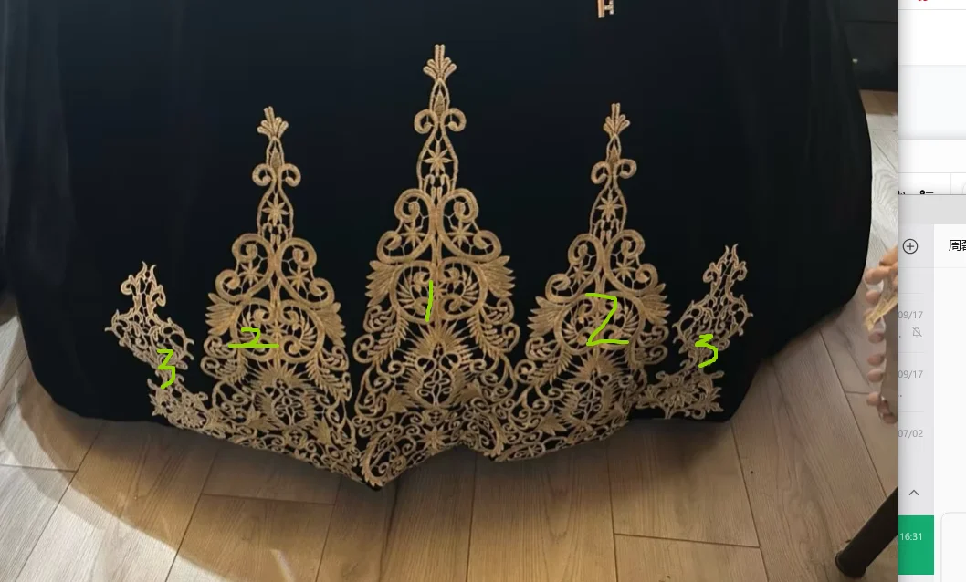 Customized Prom Dress Gold Lace Fabric 1 large 2 medium 2 small sizes of golden lace, 3 meters of golden lace trim
