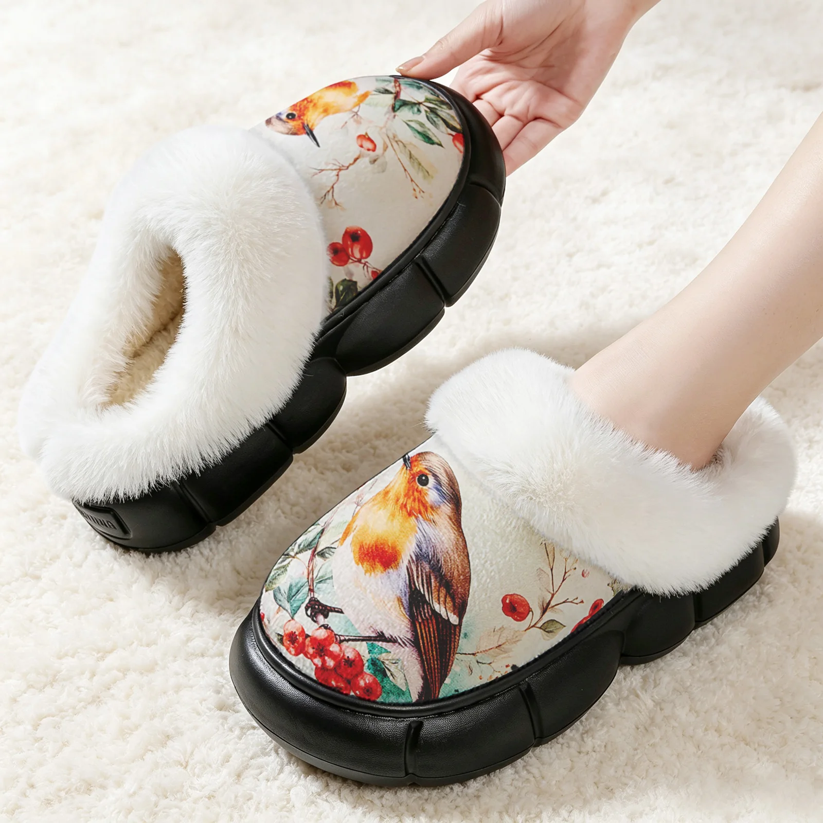 Robin Slippers for Women Memory Foam Bird Print Fluffy Fur Collar Warm Cozy Indoor Outdoor Slip On Non Slip Shoes