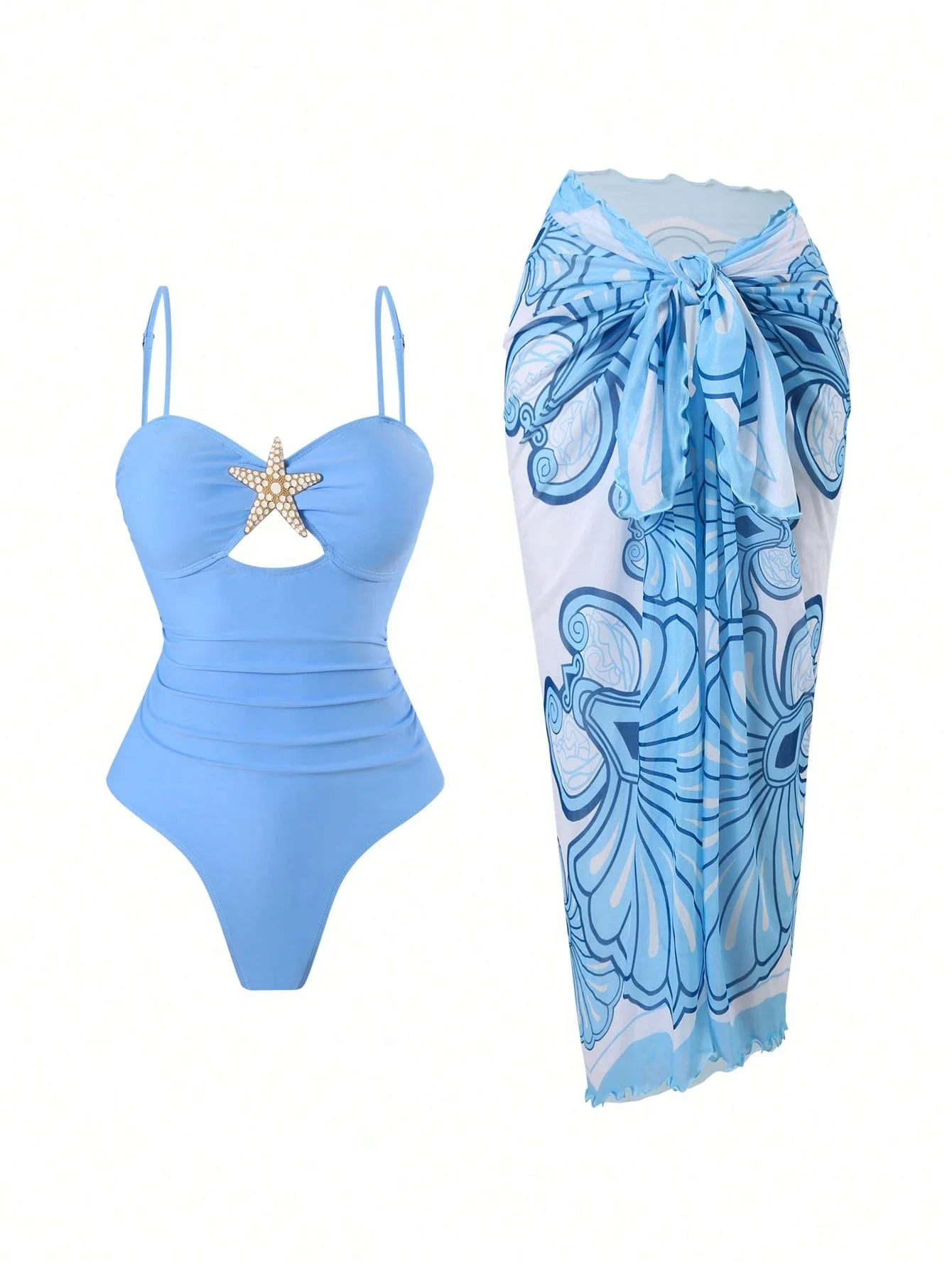 

Женский летний пляжный купальник-монокини с декором в виде морских звезд и эффектом утяжки живота, плюс макси-юбка