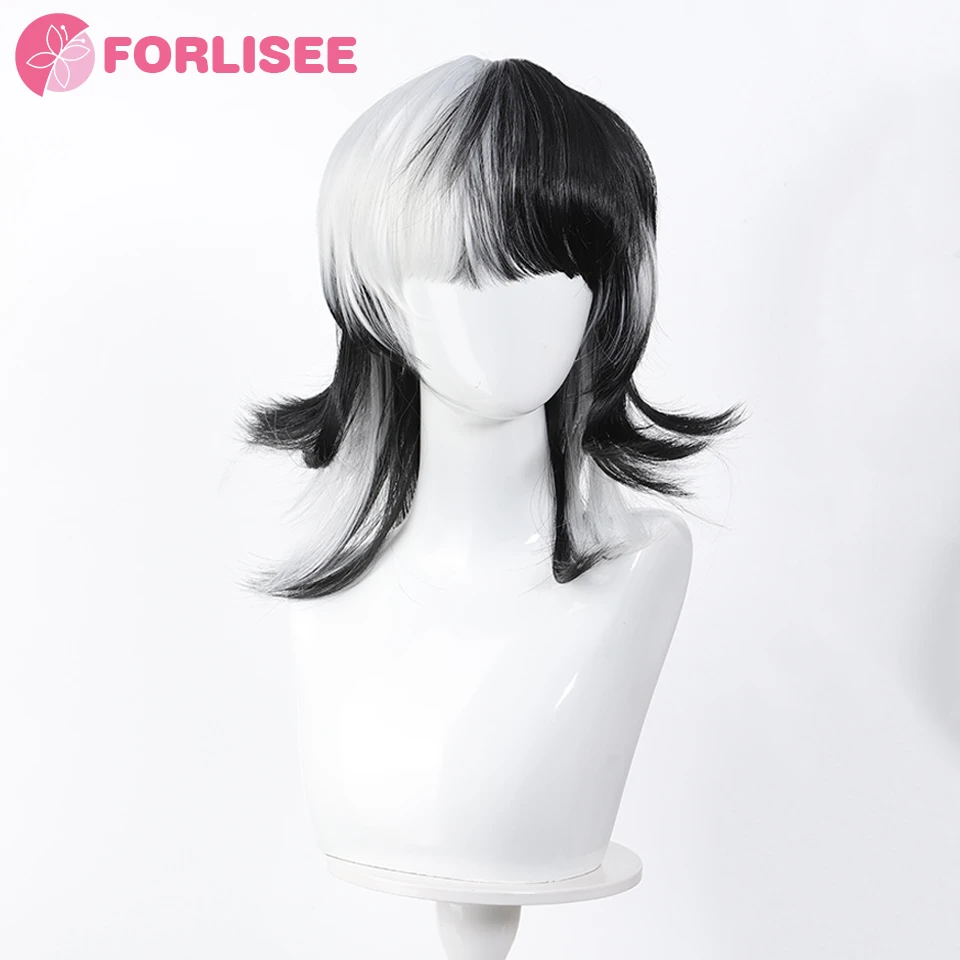 40CM Syntheti Black White Color Matching Cos Short Wig Unisex Wolf Tail Wig Masquerade Halloween High Temperature Silk Headgear