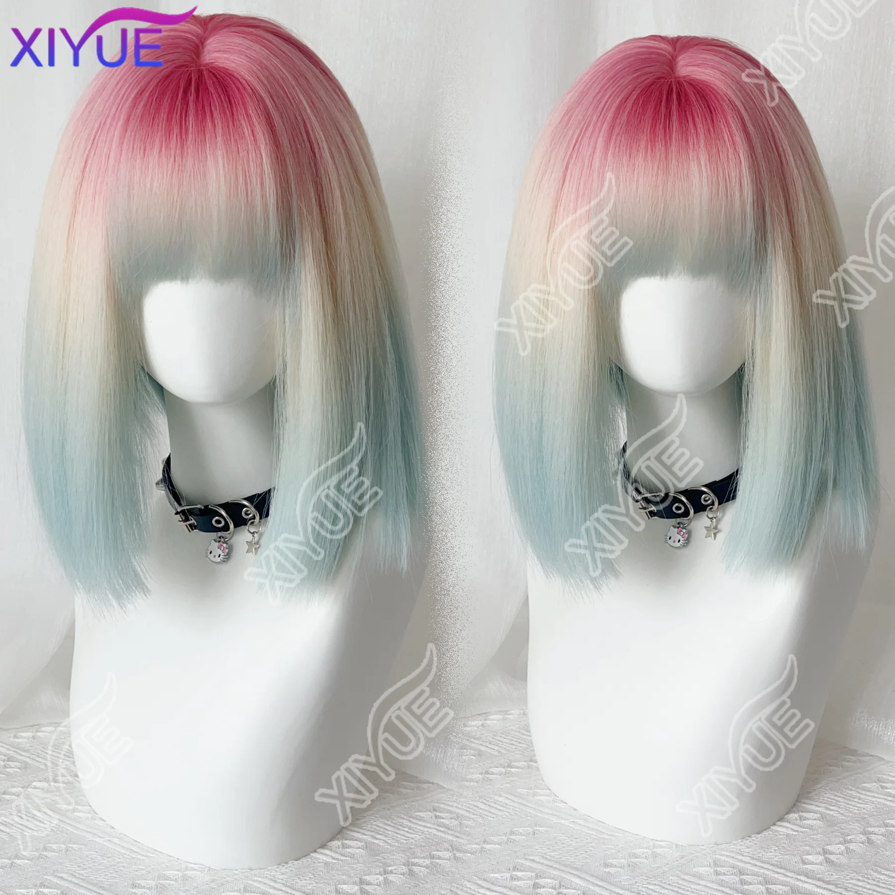 Ashely Rainbow Bubble Short Straight Hair Wig for Women with Bangs Gradient Highlights Lolita Bob Wigs Synthetic Wig Pastel
