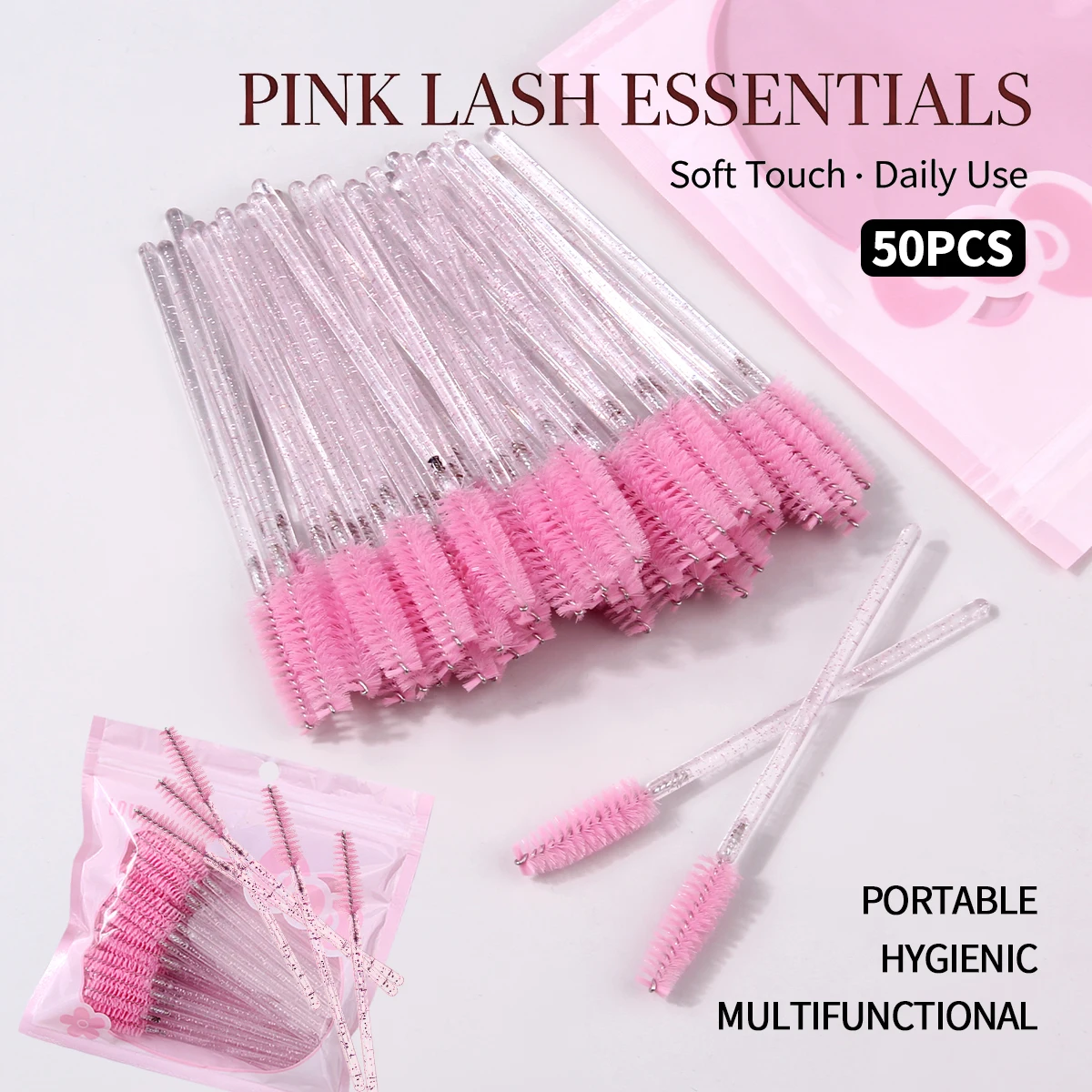 50Pcs Disposable Lash Spoolie Brushes Glitter Crystal Handle Eyelash Mascara Wands Eyebrow Comb Makeup Tools with Storage Bag