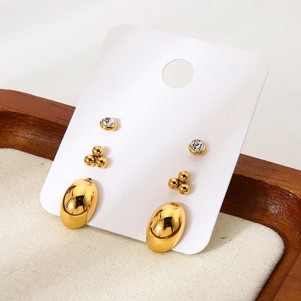 

18K Gold Plated Stainless Steel Geometric Oval Cubic Zirconia Stud Earrings Set Waterproof Minimalist Ear Jewelry for Women
