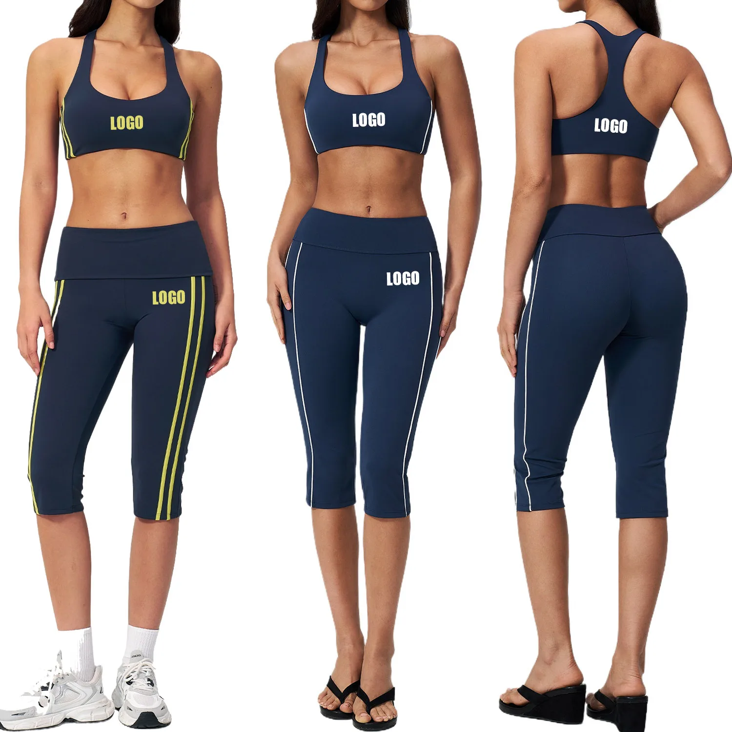 Custom LOGO women's slim back yoga sports quick-drying running fitness vest cropped pants two-piece set