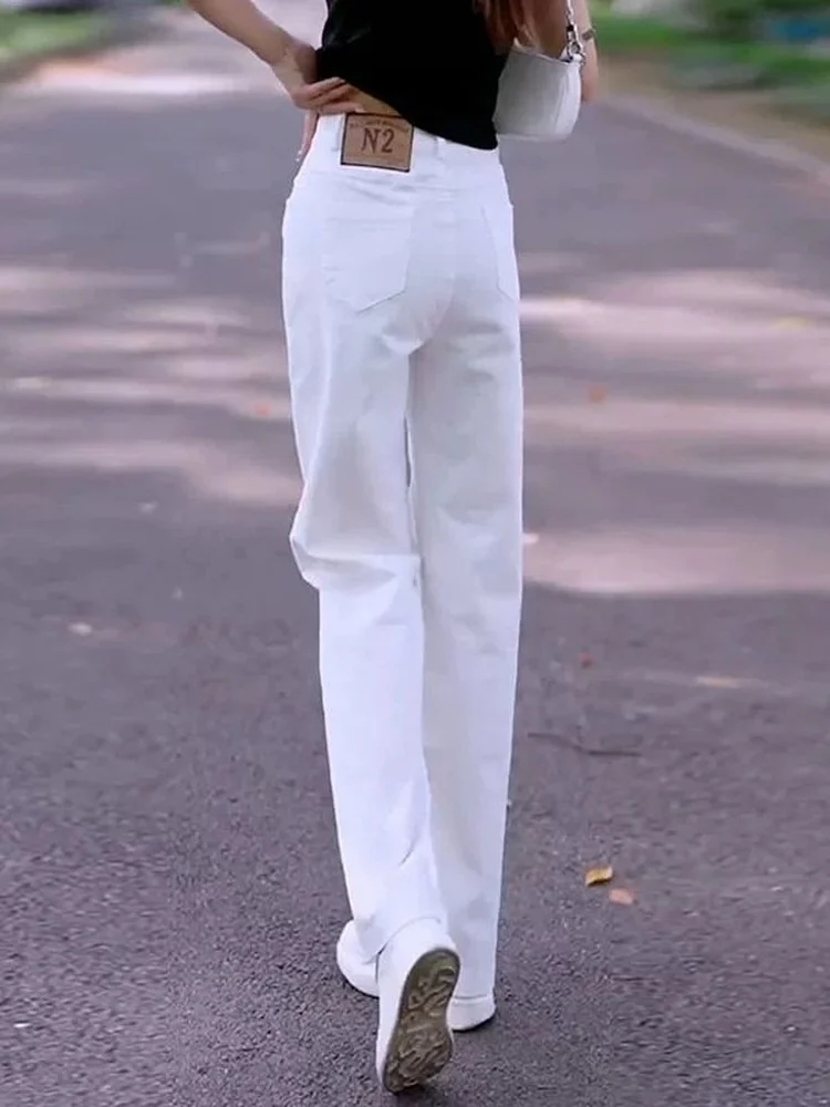 White Casual High Waist Straight Leg Jeans Women's Narrow Version Spring Summer Autumn Wide Leg Pants Commute Style Zipper Cl...