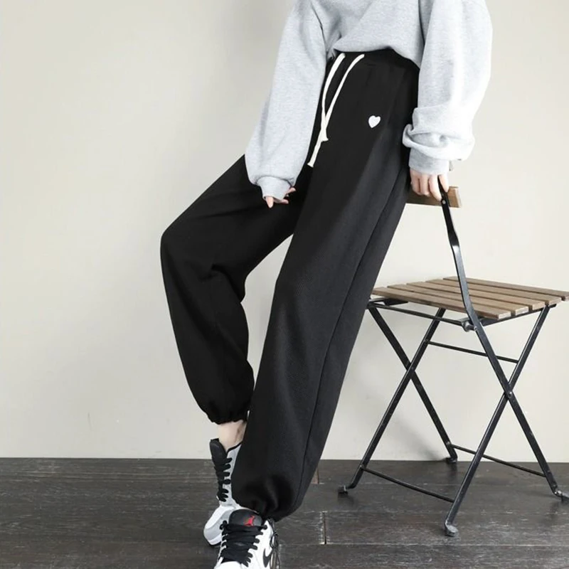 Fashion Love Embroidery Sweatpants Women Korean Streetwear Casual Trousers Simple Lace Up Loose Female High Quality Pants