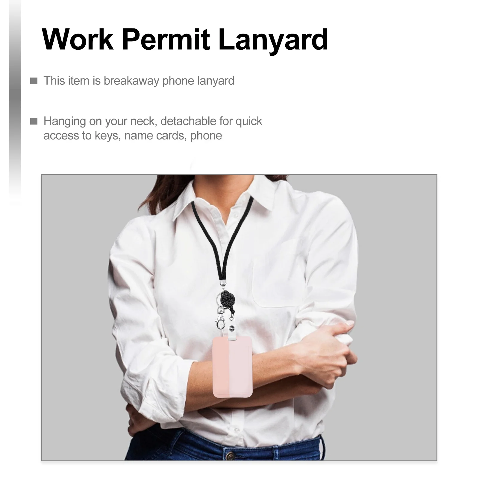 حبل هاتف قابل للسحب لحامل بطاقات الهوية، ملحق تصريح العمل مع حزام للرقبة بحلقة مفاتيح أنيق