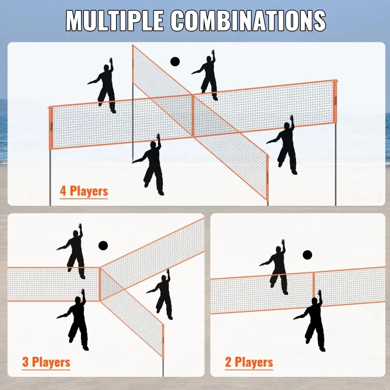 4-Way Volleyball Net 14 x 14FTAdjustable Height Badminton Net Set for Backyard Beach Lawn Easy Setup with Carrying Bag