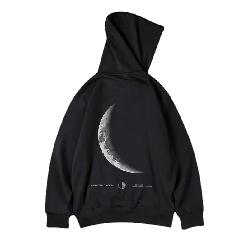 M-8XL American Style Street Crescent Print Oversized Hoodie Long-sleeve Loose Hoodie Student\'s Large Soft Velvet Hooded Sweater