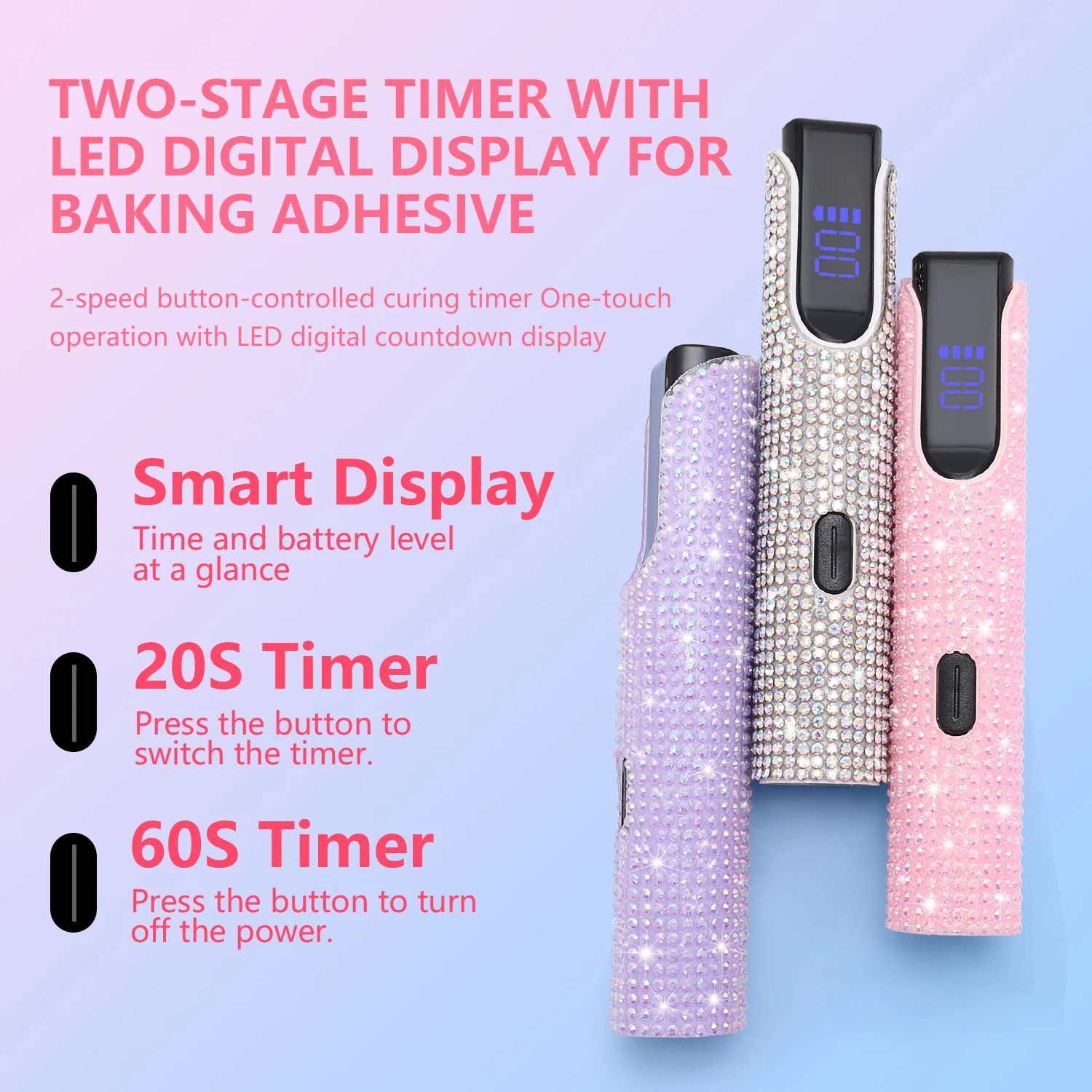 يمكن اختيار مصباح الأظافر المحمول باليد الماسي الكريستالي، توقيت 20 ثانية و60 ثانية لتجفيف طلاء الأظافر بسرعة.