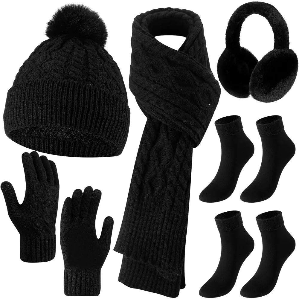 6 قطعة مجموعة الشتاء الدافئة للنساء قبعات حريمي دافئة قفازات لمس وشاح طويل الأذن يفشل الجوارب هدايا الشتاء للنساء