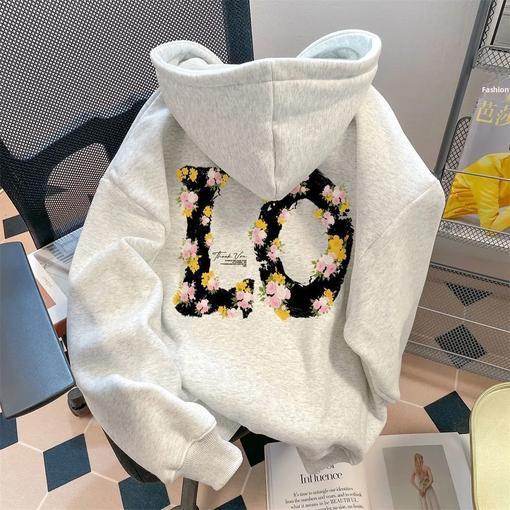 

Large Size Hoodie Floral Letter Print ex Cotton Sweatirt Casual Versatile Autumn Winter Streetwear Breathable Qui Dry...
