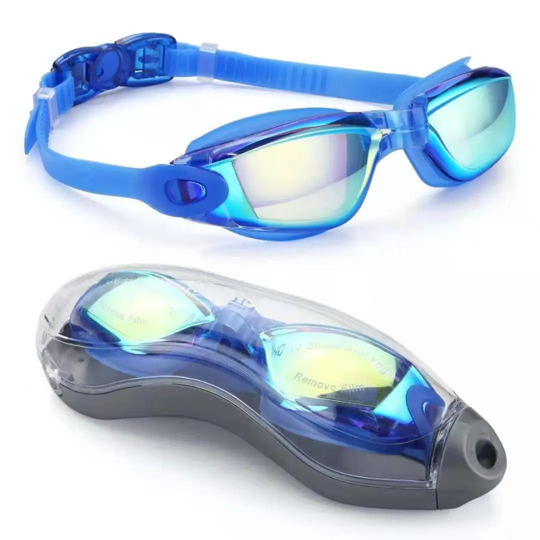 Black Pro Mirrored Swimming Goggles Set, Anti Fog Swim Goggles With Earplugs & Nose Clips