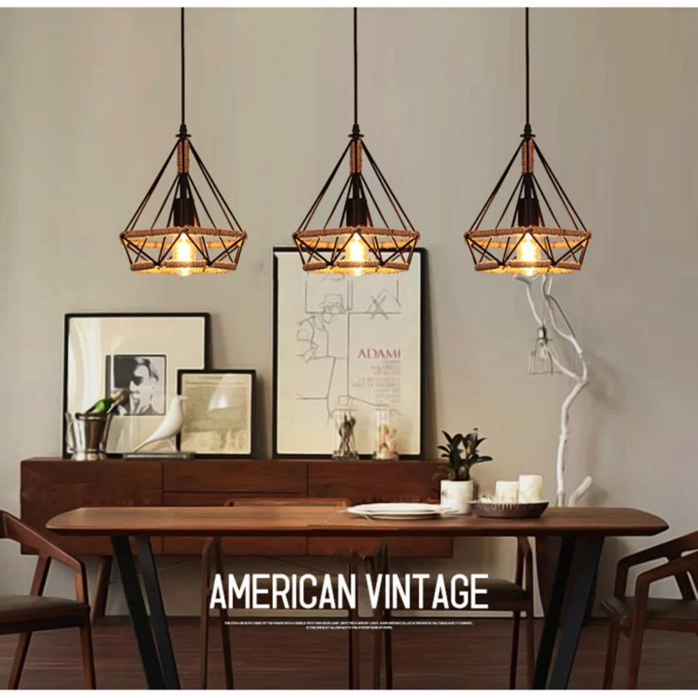 3-Bulb Pendant Light Industrial Pendant Lamp Black Metal Pendant Lamp With Hemp Rope Pendant Light  Living Room Café Restaurant