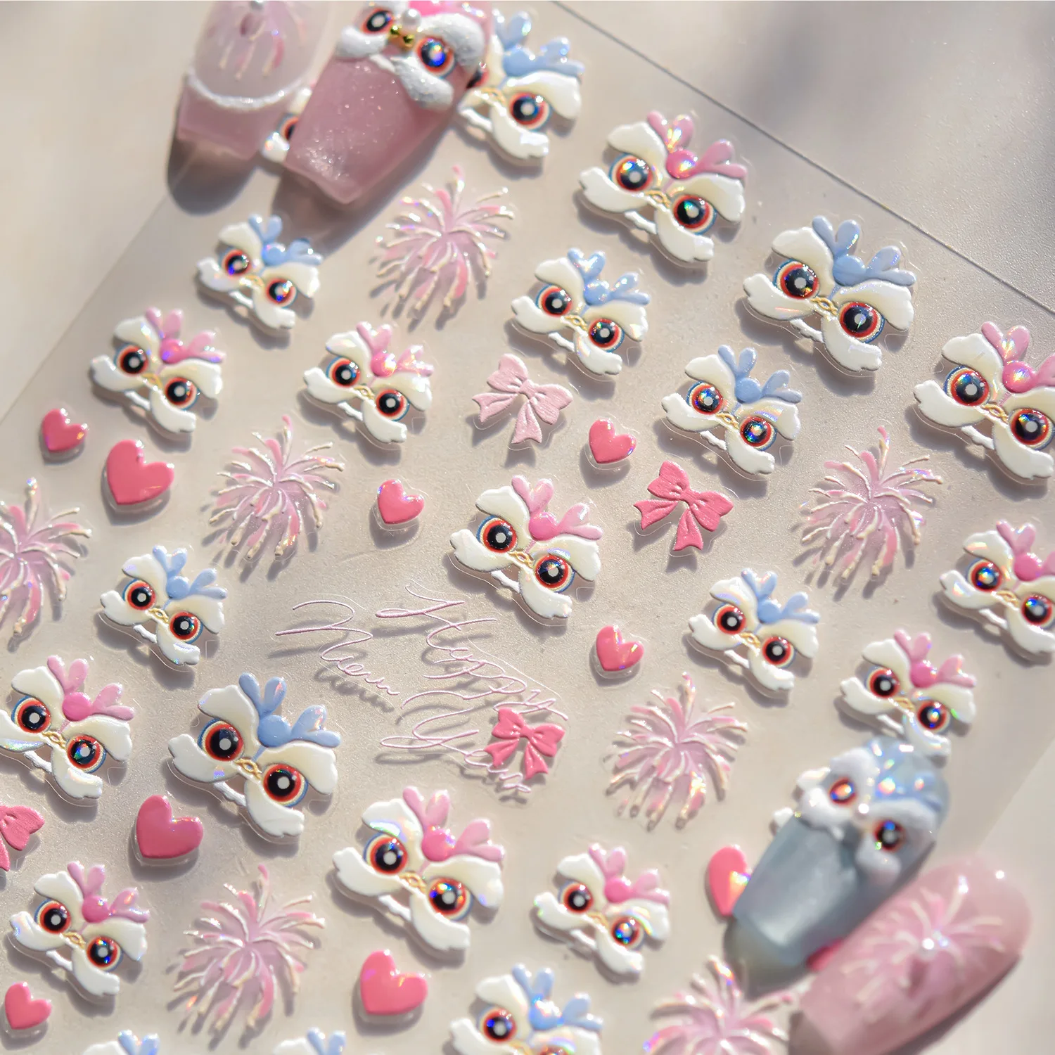 Cute Pink Firework Lion Dance Bowknot High Quality Nail Stickers Fashion Chinese New Year Art Design Decorative Decal T-4864