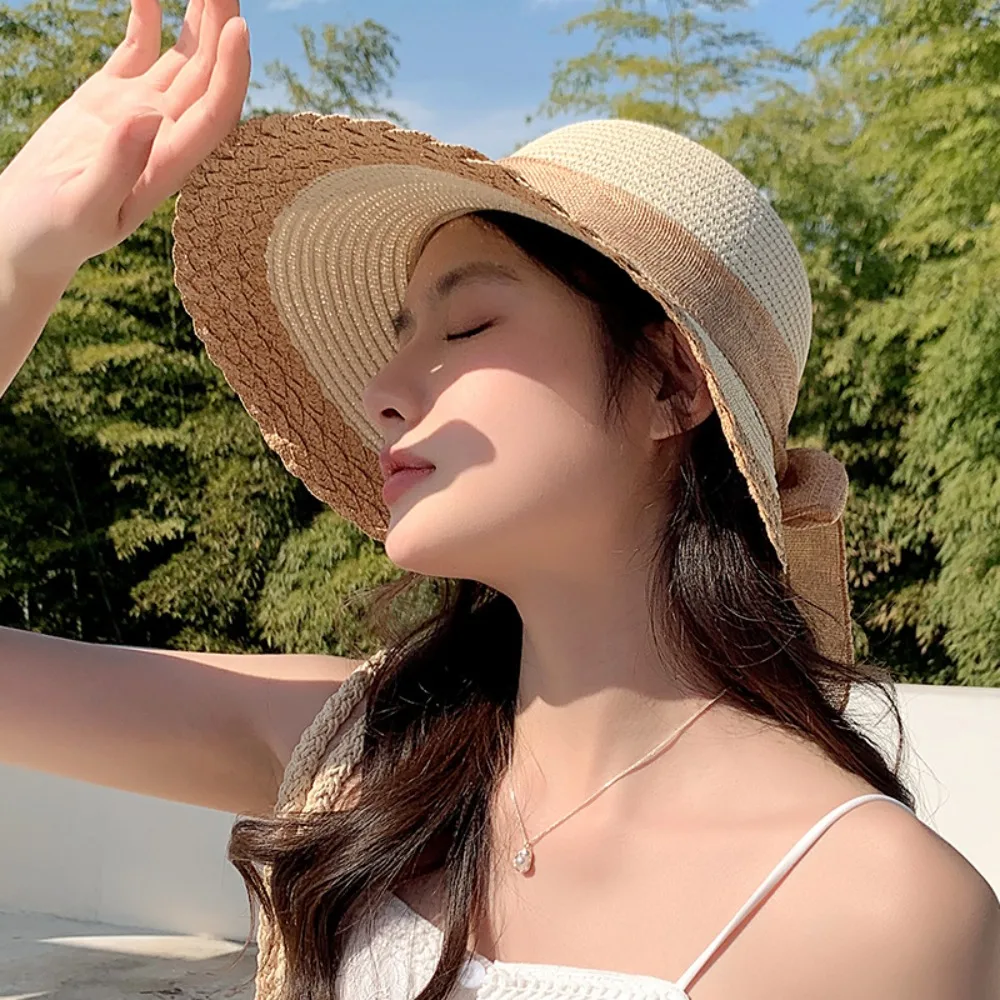 

Basin Cap Portable Straw Weaving Beach Hat Hollow Out Breathable Bow Fisherman Cap Polyester Cotton Bucket Hat Camping