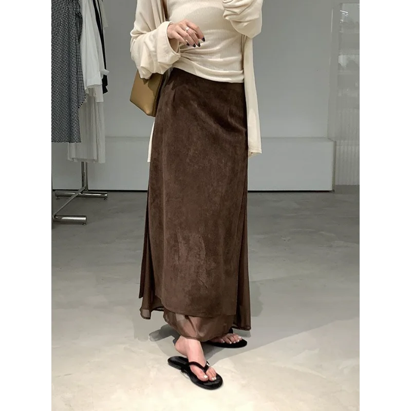 New High-end Temperament Commuting Atmosphere Mesh Splicing Fake Two-piece Suede Skirt