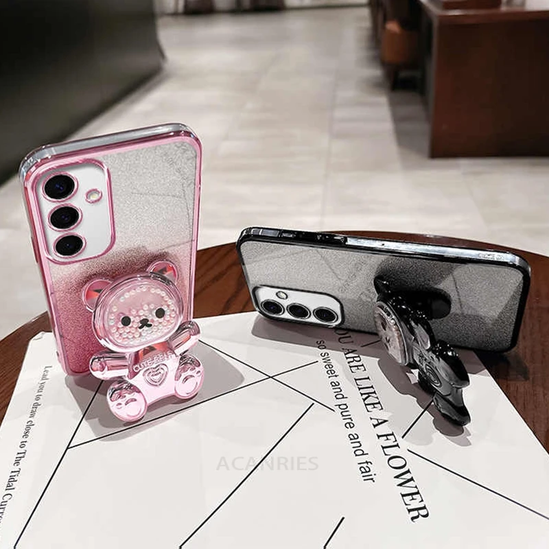 A 16 15 35 55 Cute Bear Holder Plating Silicone Case For Samsung Galaxy A16 A55 A35 A25 A15 A05s A14 A24 A34 M14 M54 Stand Cover