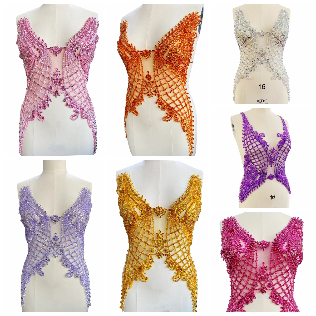 14 Colors DIY Handmade Rhinestone Mesh Grid Plaid Gown Material V Neck Beading Tulle Apparel Decoration Dress Fabric Accessories