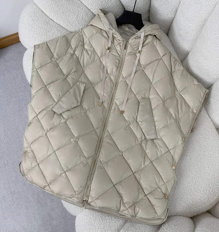 Schinteon Women 90% White Duck Down Irregular Vest with Hood Loose Sleeveless Jacket Solid Fashionable Autumn Winter Top 2026