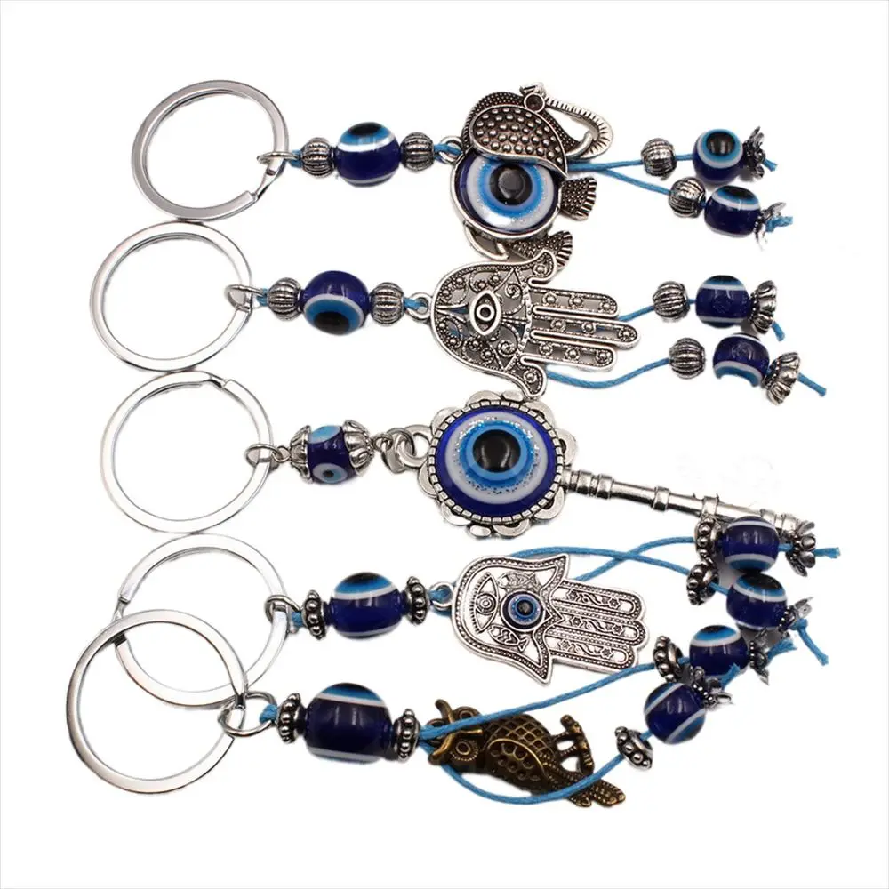 Hasma Hand Lucky Eye Keychain Elephant Blue Color Evil Eye Keyring Key Holder Owl Keys Fatima Hand Pendant Jewelry Gift