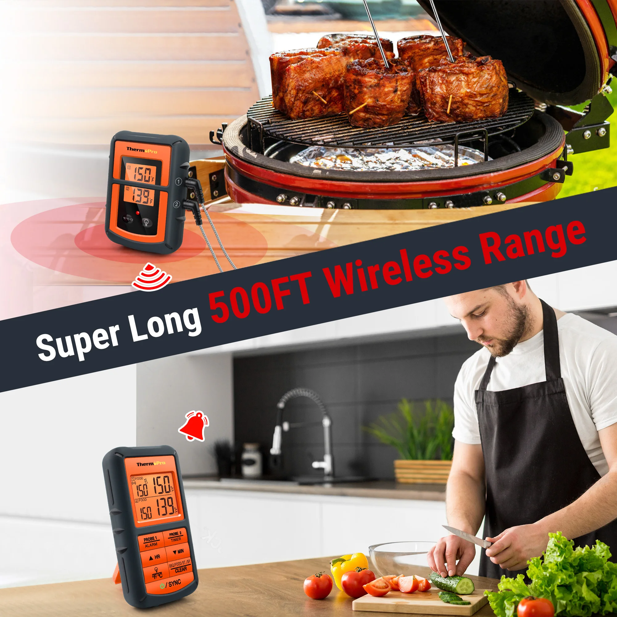 ThermoPro TP-08C Wireless Meat Thermometer Dual Probe Digital Remote BBQ Grill Smoker Oven Food Cooking Temperature Alarm Timer view 2